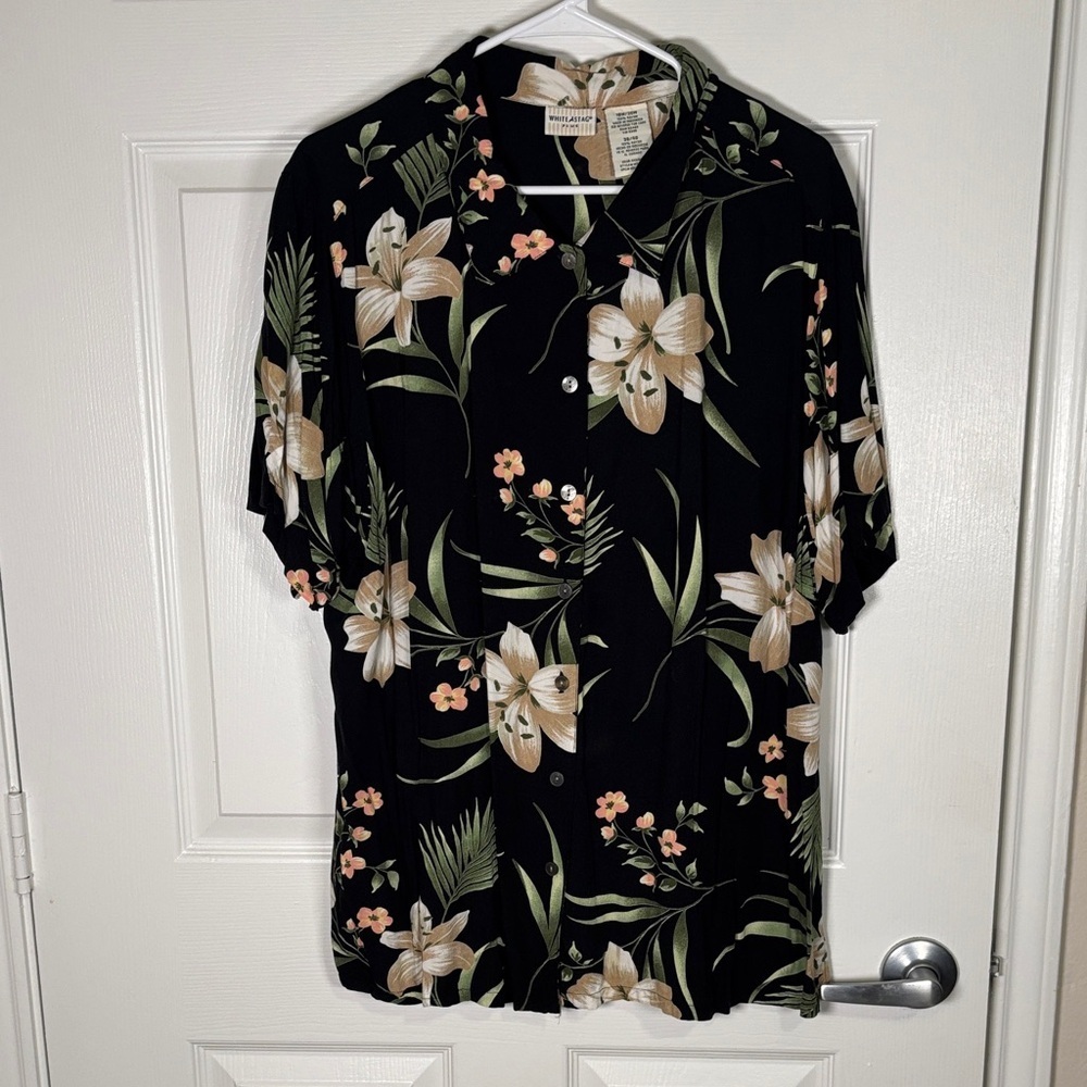 White Stag Tropical Floral Button Up Blouse Black Rayon 18W 20W